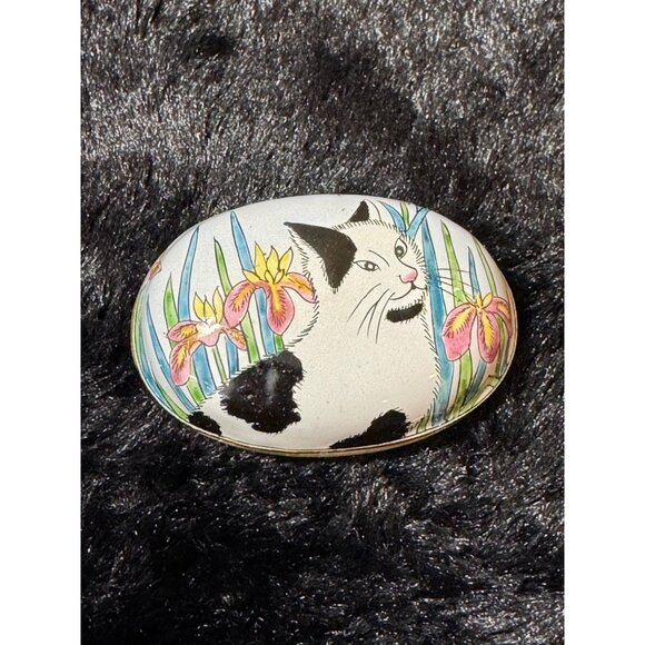 Hand-Painted Enamel Oval Trinket Dish With Cat & Flowers Design Lid - Picture 1 of 7